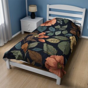 Velveteen Plush Blanket - "Floral & Leaves Pattern" Design
