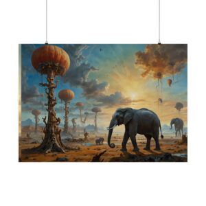 "Elephants and Pumpkin Tree Balloon Beings" - Matte Poster - in the Style of Salvador Dali