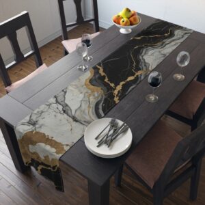 Black, White with Streaks of Gold Marble Table Runner
