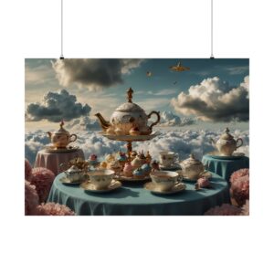 "Tea & Cupcakes Time, in the Clouds" - Matte Poster - in the Style of Salvador Dali