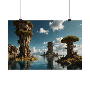 "Mystical Tree Top Houses" - Matte Poster - in the Style of Salvador Dali
