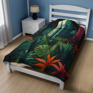 Velveteen Plush Blanket - "Tropical Shrubbery City Peek" Design